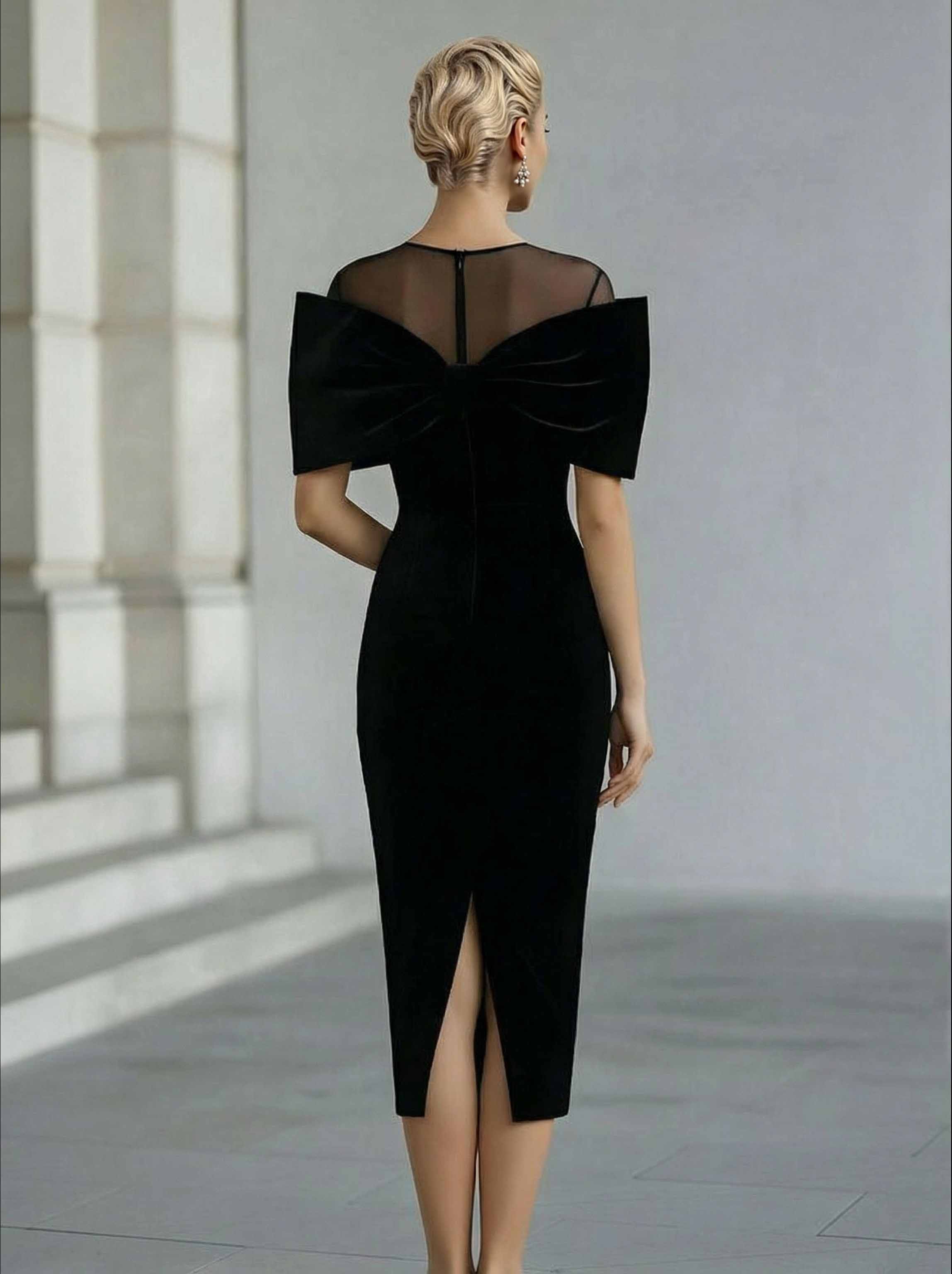 Elegant Bow-Detail Sheer Neckline Midi Dress