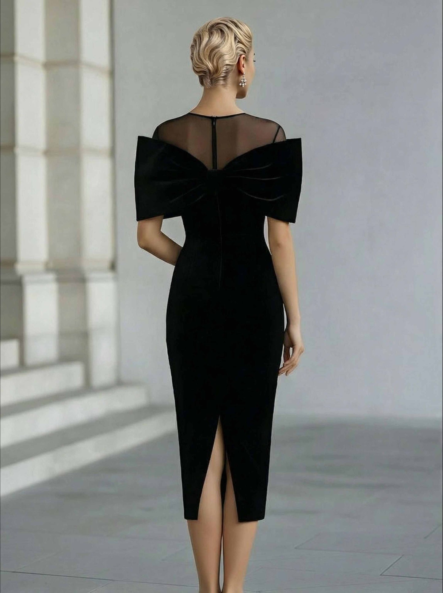 Elegant Bow-Detail Sheer Neckline Midi Dress