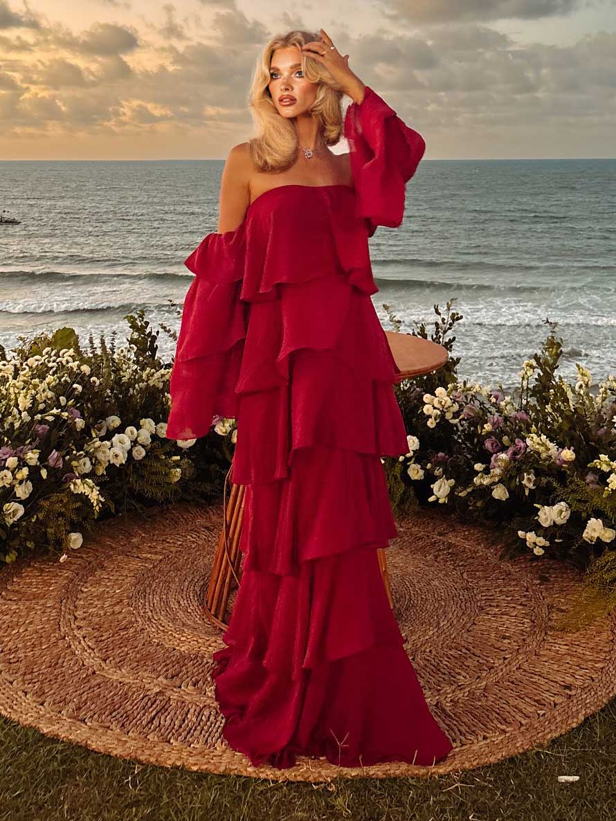 Elegant Off-Shoulder Layered Ruffle Maxi Dress