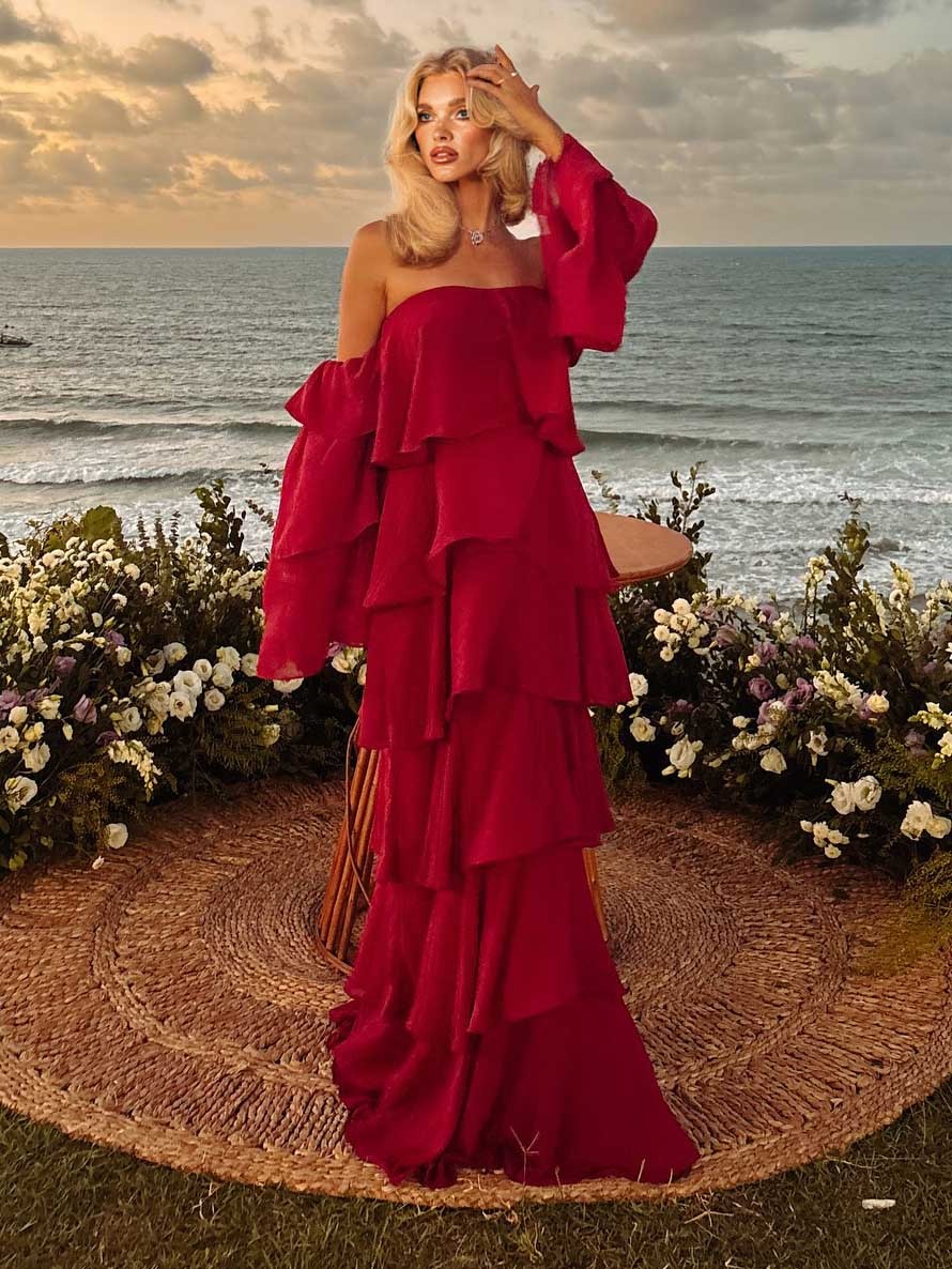 Elegant Off-Shoulder Layered Ruffle Maxi Dress