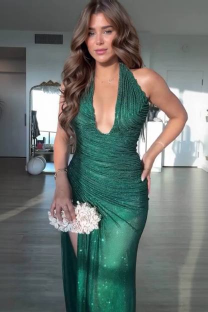 Exquisite Sequin Pleated Design Deep Halter U-neck Slit Drape Gown Maxi Dress