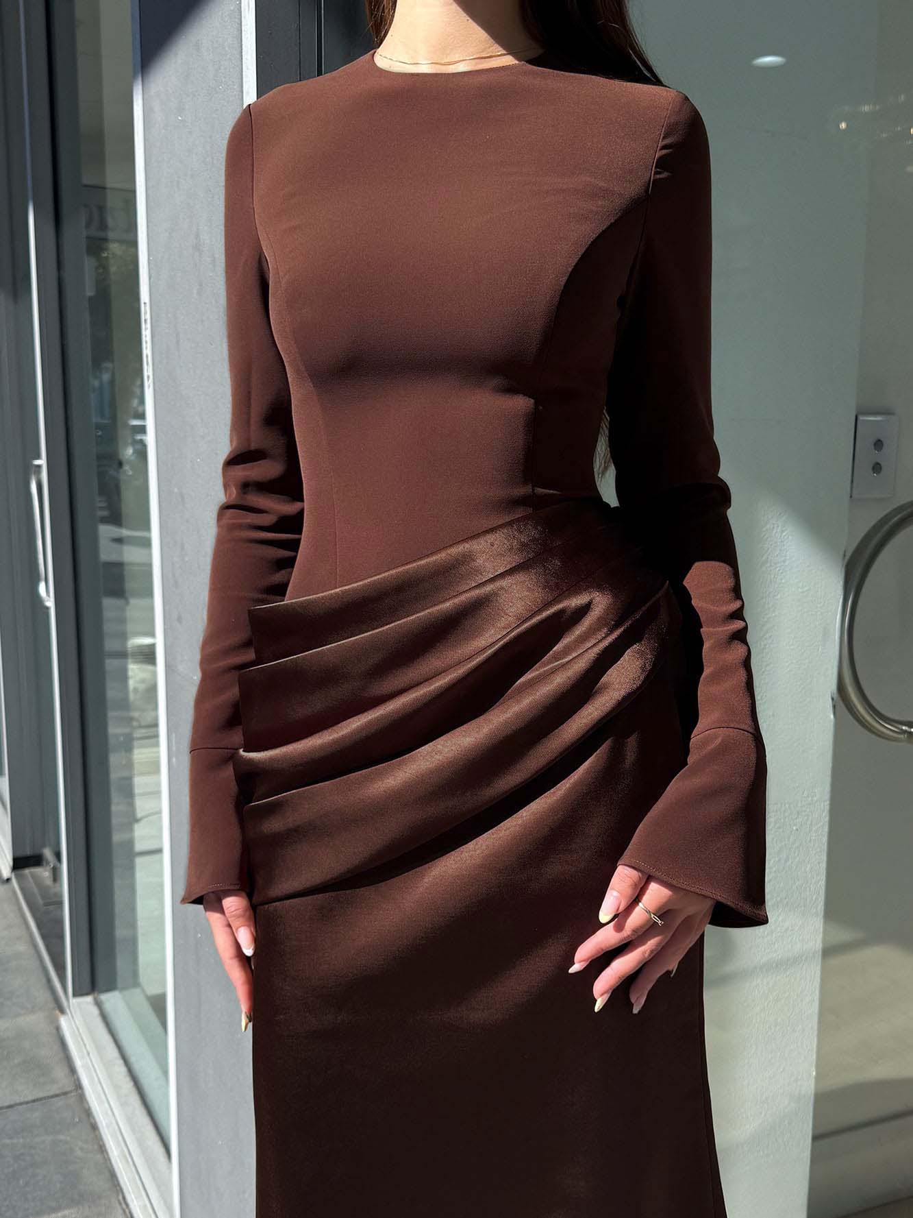 Elegant Long-Sleeved Draped Satin Maxi Dress