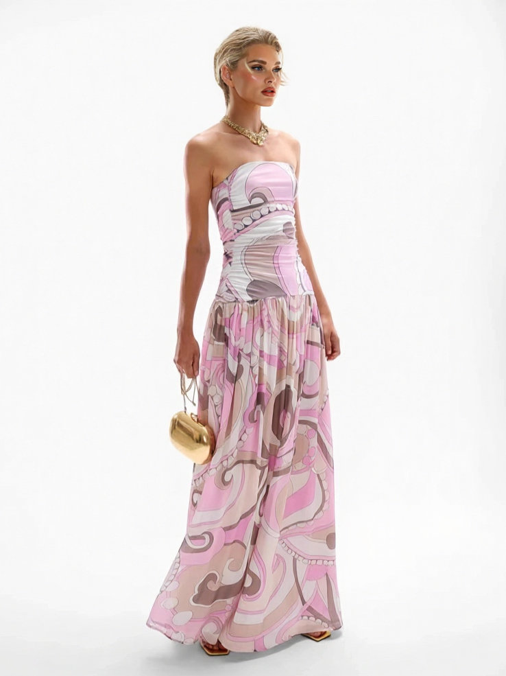 Elegant Swirl Vintage Print Drop Waist Maxi Dress