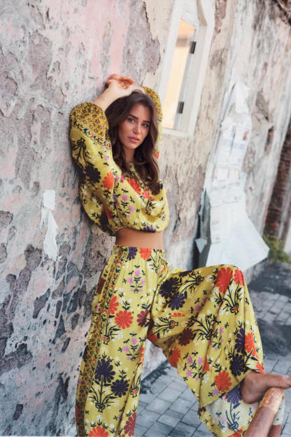 Unique Floral Print Elastic-Waist Wide-Leg Pants