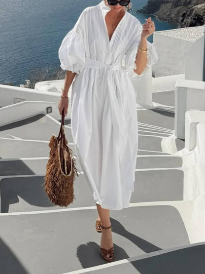 Bohemian Ruched Lantern Sleeve Midi Dress