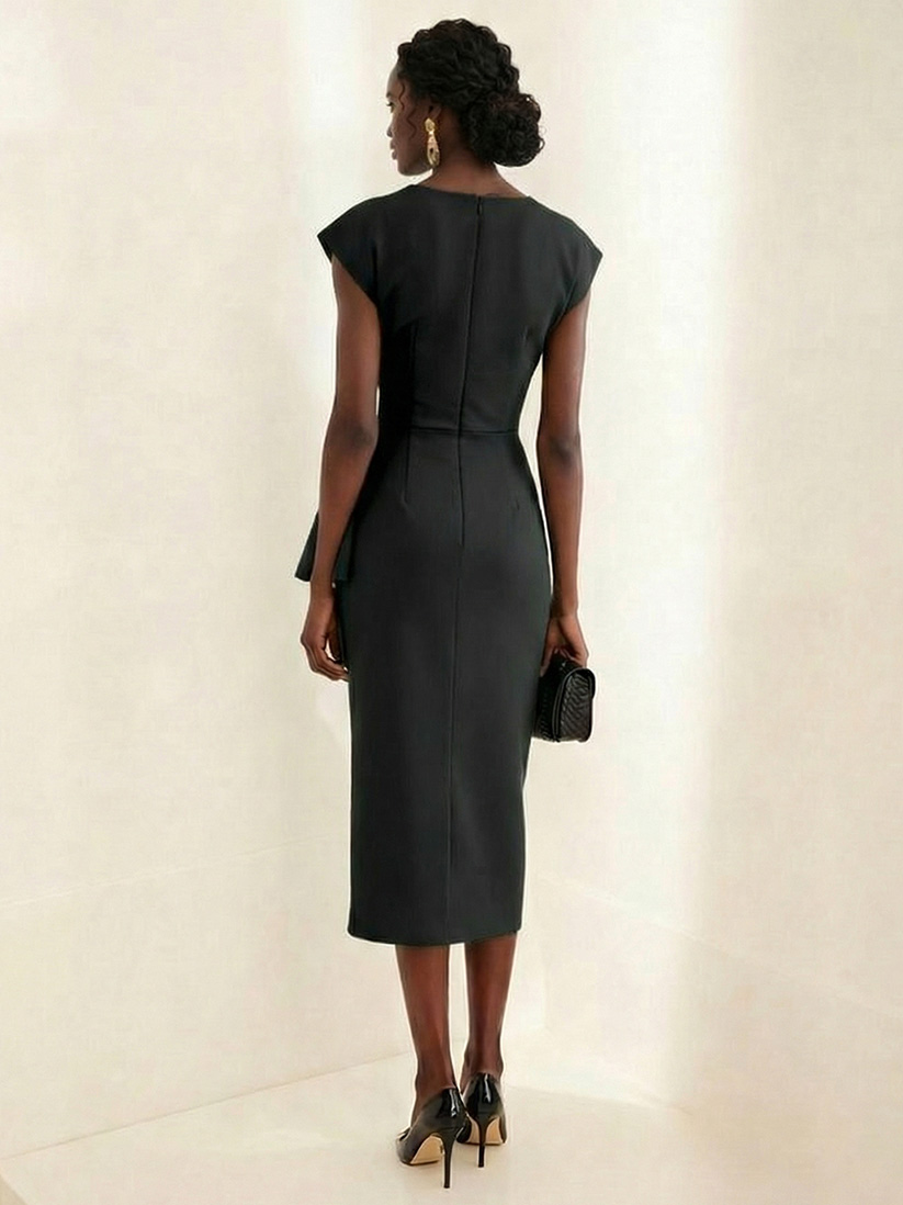 Elegant Draped Neckline Fitted Midi Dress