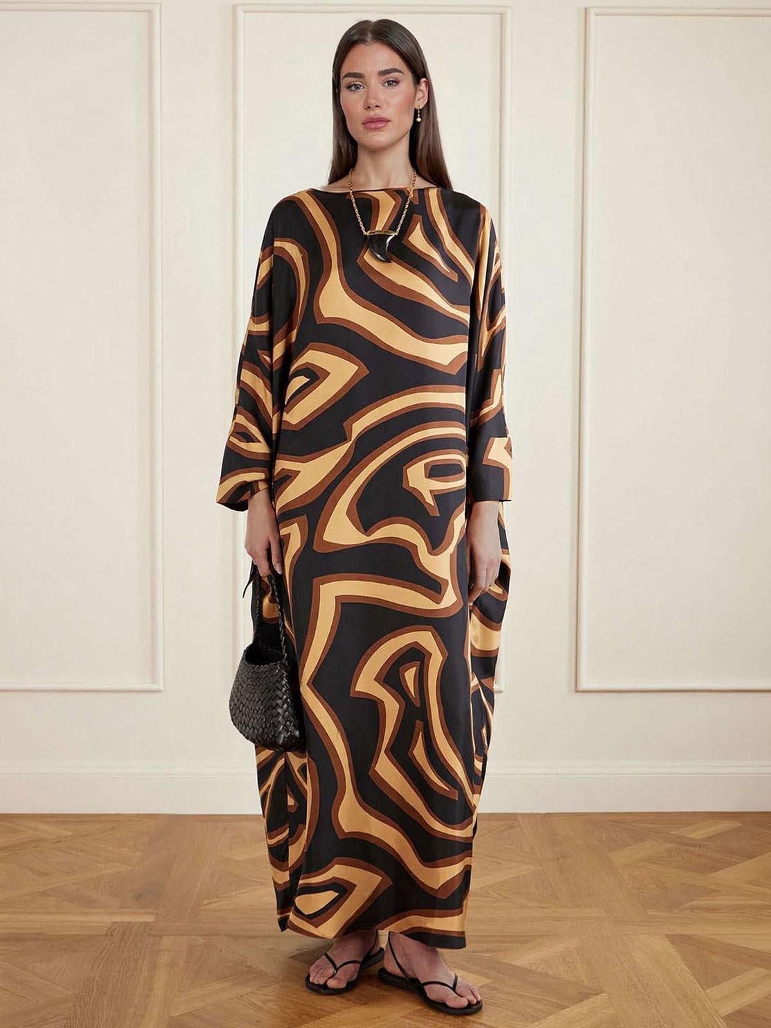 Retro Geometric Abstract Swirling Print Satin Robe Dress