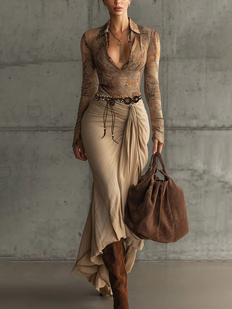 Retro Print Top And Skirt Two-piece Set