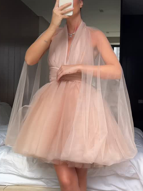 Elegant V-neck Cape Tulle Mini Dress