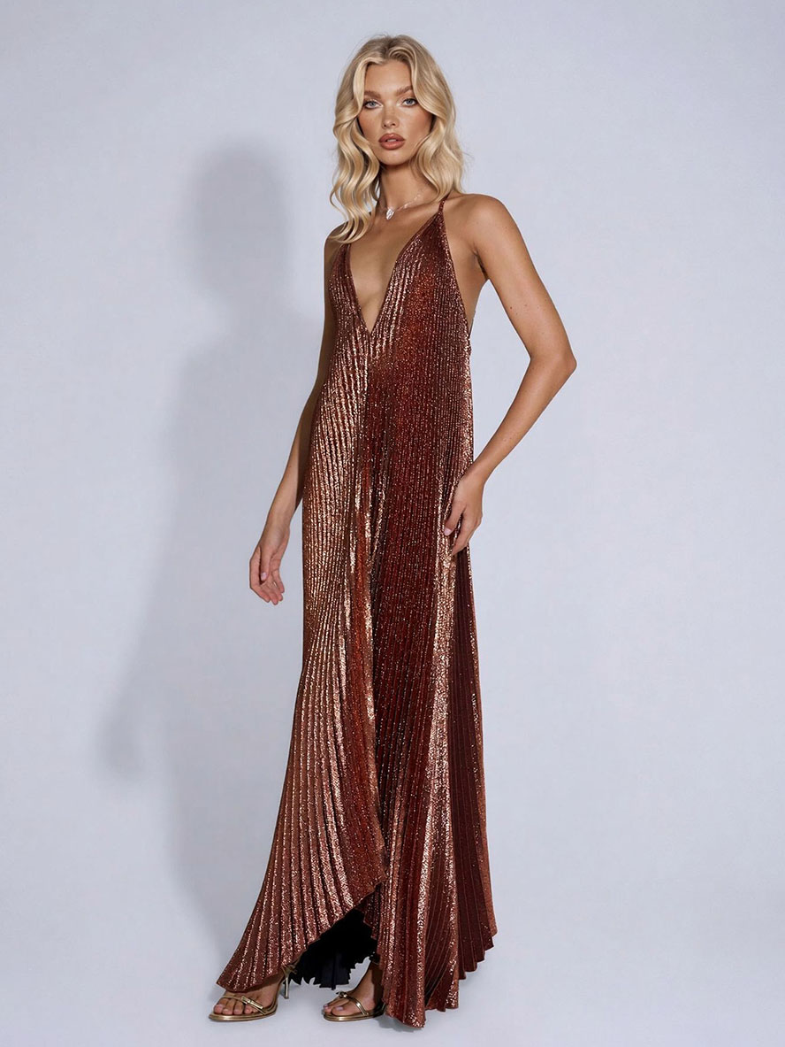 Elegant Pleated Deep V-neck Sleeveless Maxi Dress