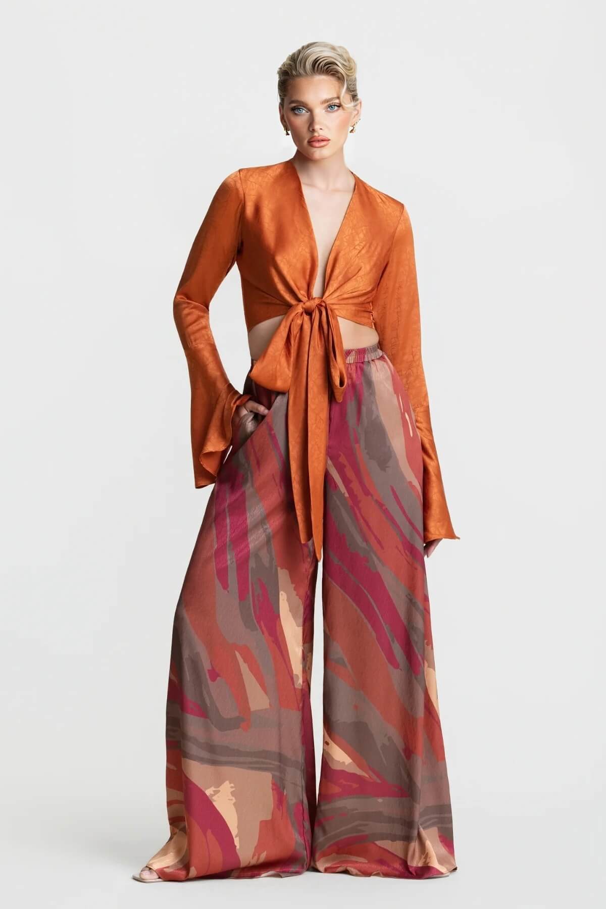 Casual Bell-Sleeve Wrap-Up Tie-Down Top