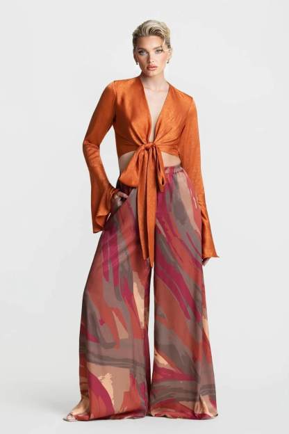 Casual Bell-Sleeve Wrap-Up Tie-Down Top