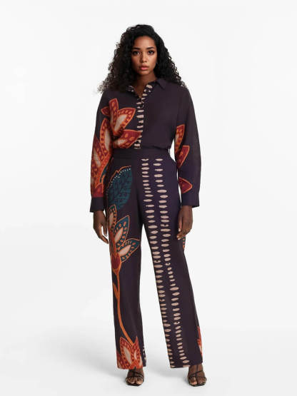 Exquisite Floral Print Linen Button-Down Loose Top