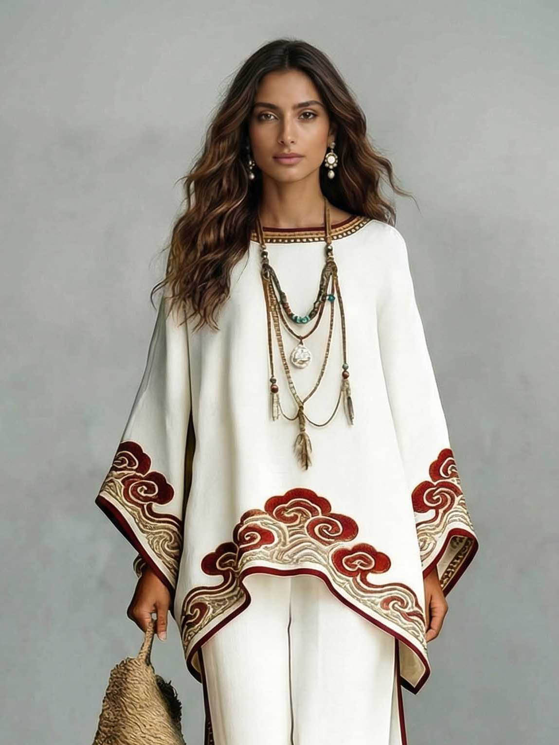 Elegant Satin Cloud Print Loose Kaftan Top & Pants Two-Piece Set