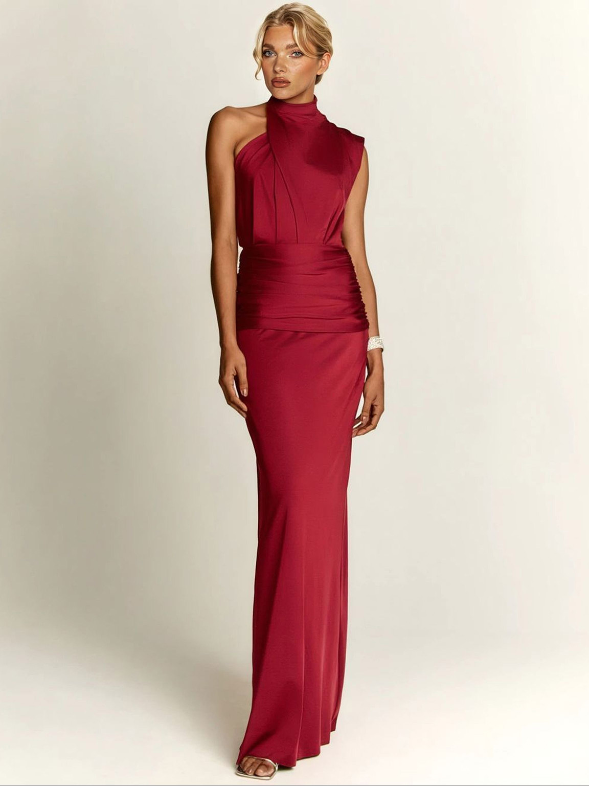 Elegant Asymmetrical Neckline Pleated Maxi Dress