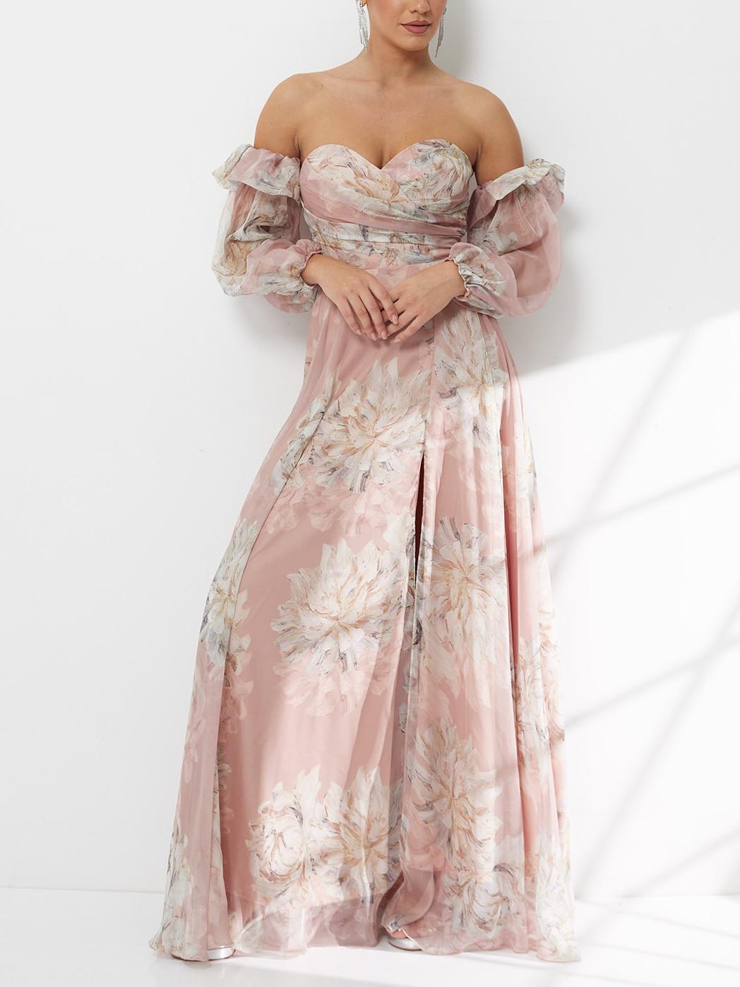 Elegant Floral Off-Shoulder Slit Chiffon Maxi Dress