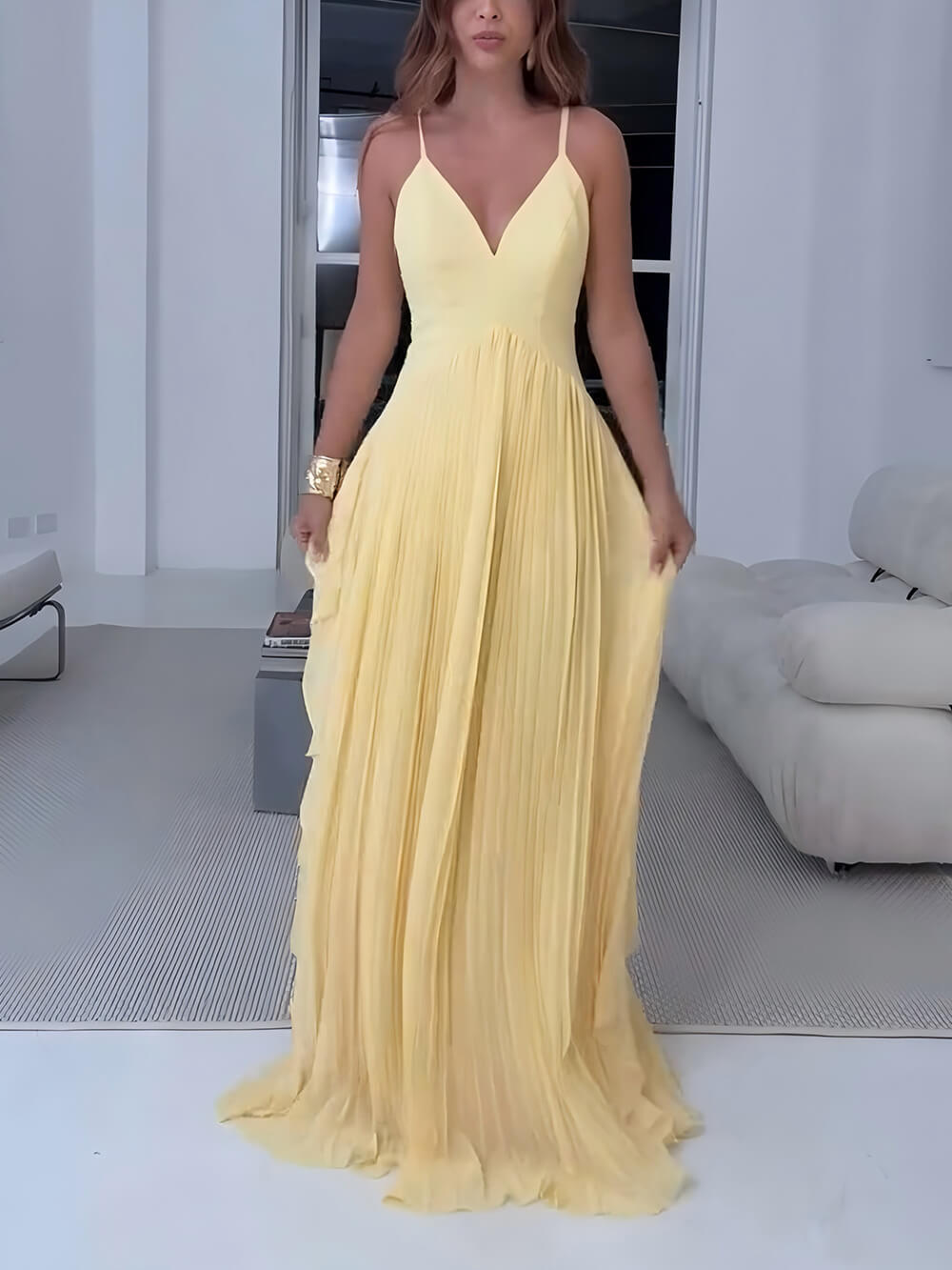 Delicate Yellow Layered Patchwork Ruched Party Maxi Dress