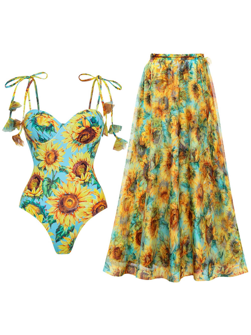 Sunflower Print Tie-Waist One-Piece Swimsuit Maxi Skirt Set