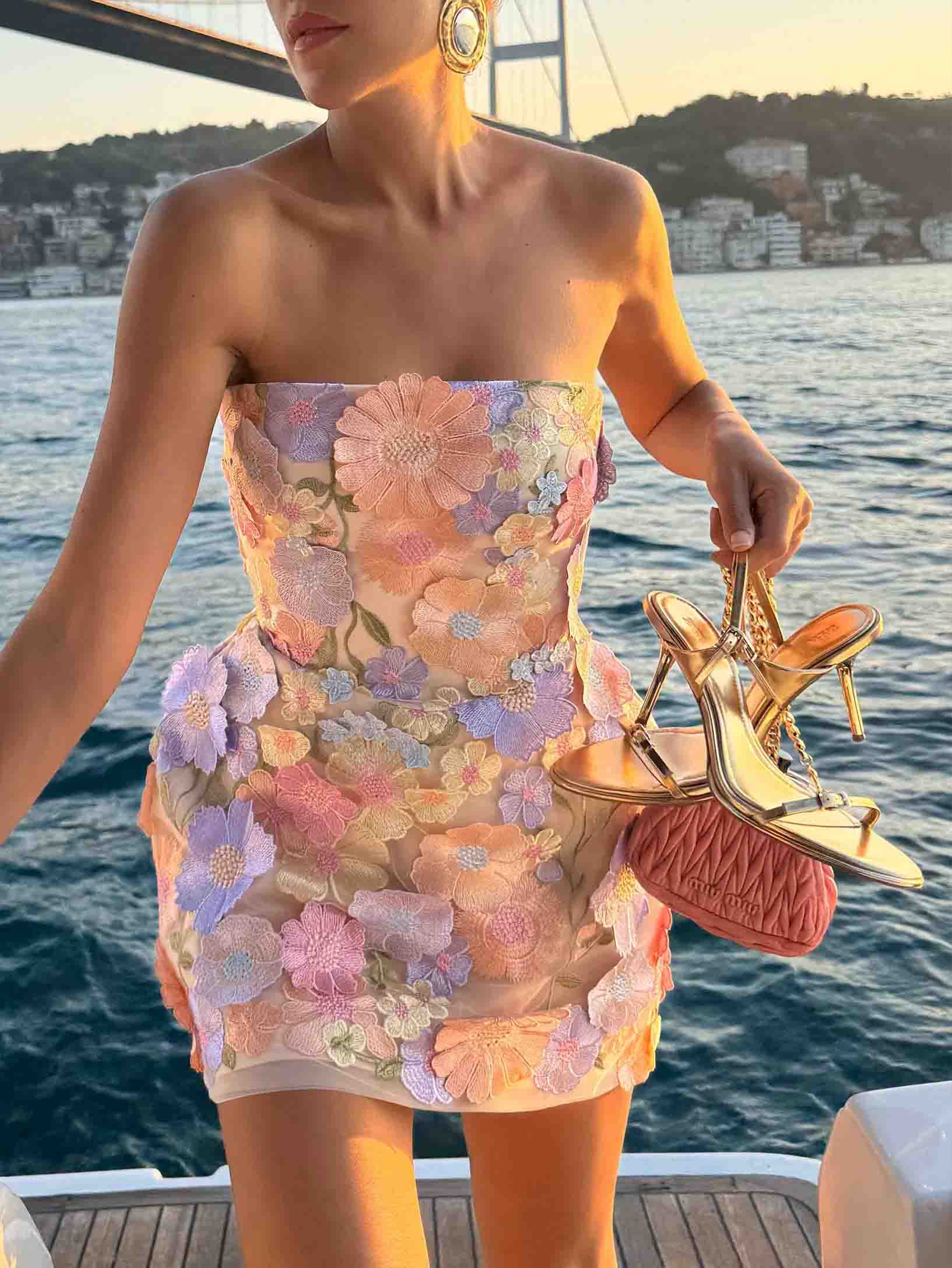 Exquisite Strapless Pastel Floral Embroidered Mini Dress