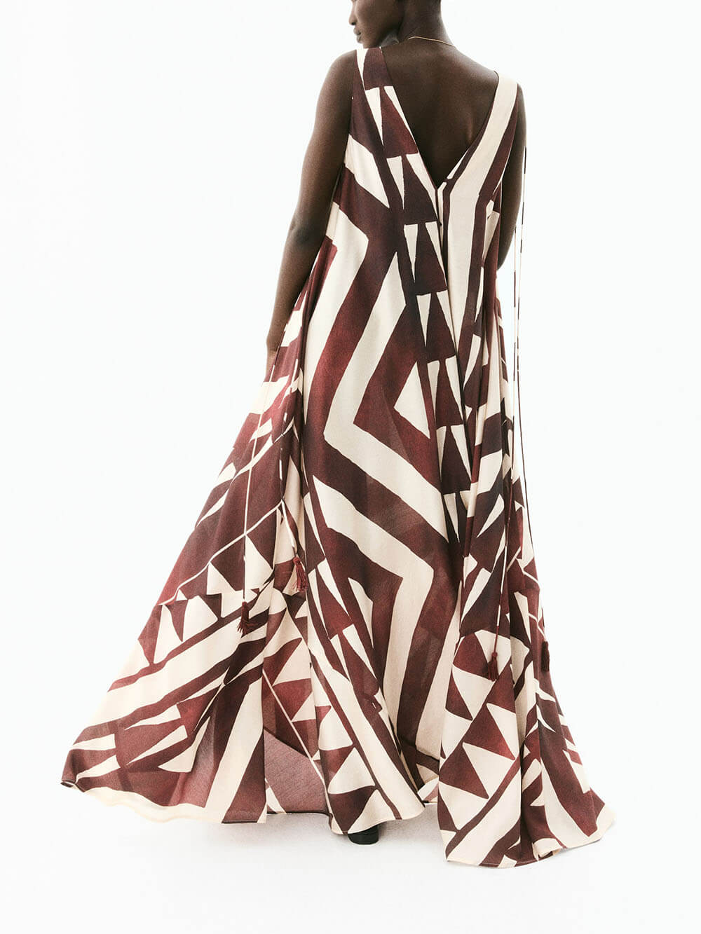 Casual V-Neck Printed Tie-Waist Loose Sleeveless Flowy Maxi Dress