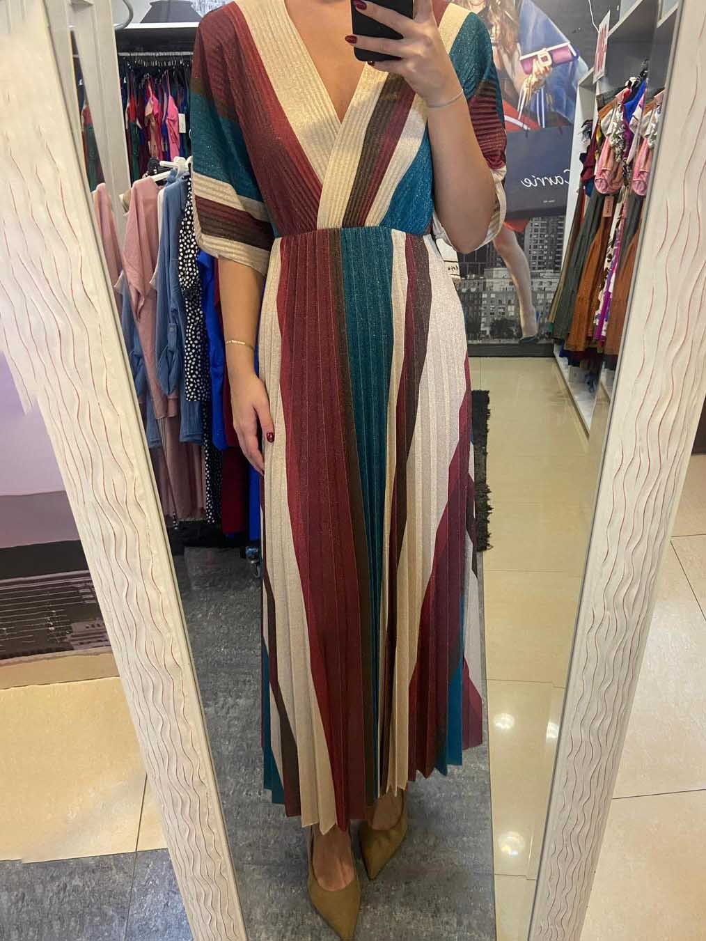 Elegant Irregular Stripe Print Pleated Maxi Dress