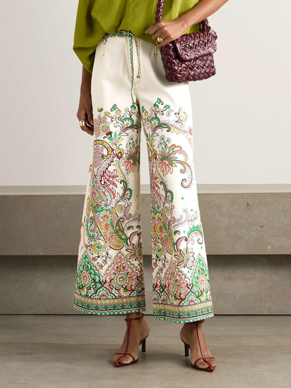 Retro Paisley Print Satin Lace-Up Pocket Wide Leg Pants