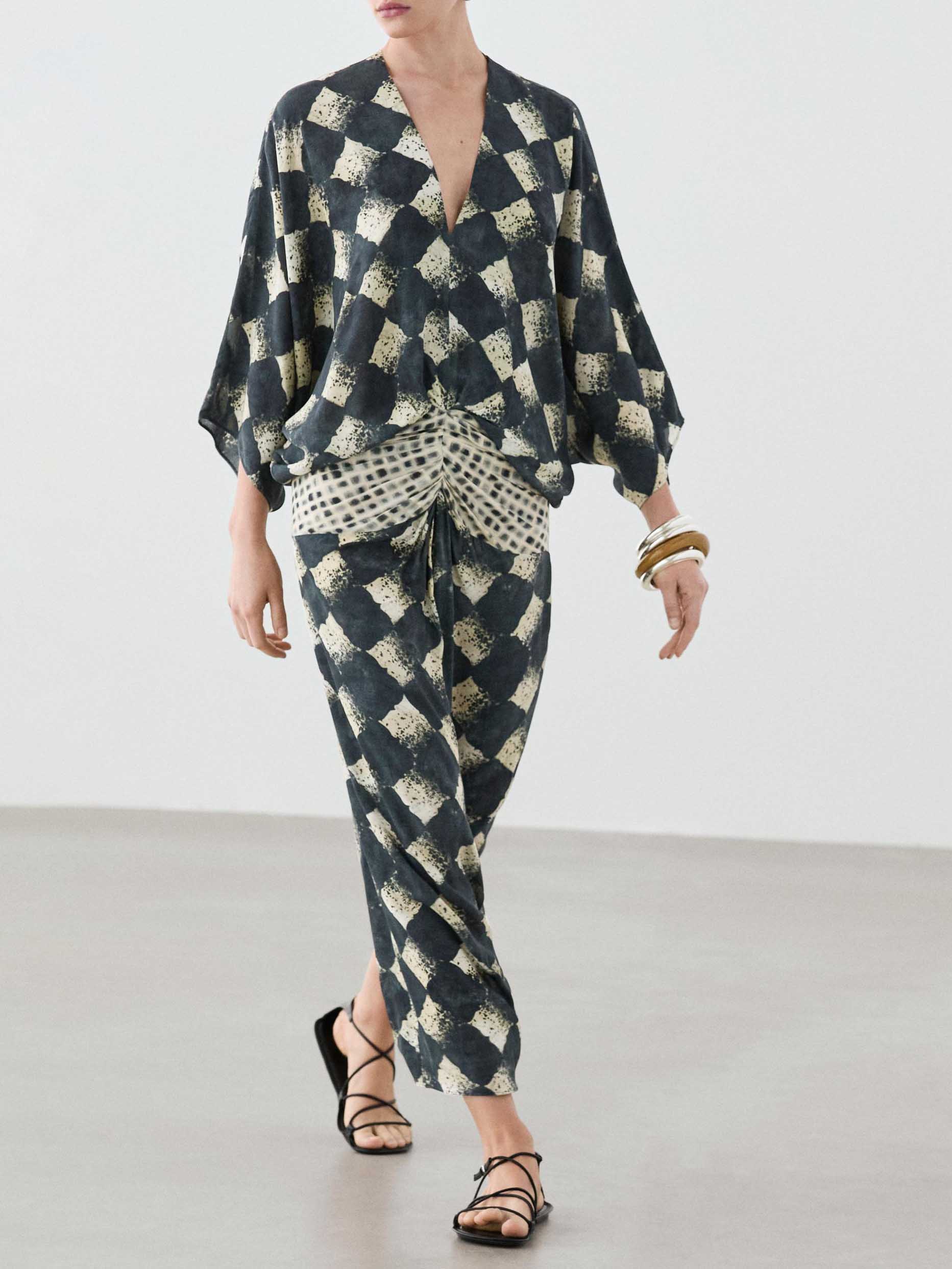 Casual Abstract Plaid Print Kimono Sleeve Maxi Dress