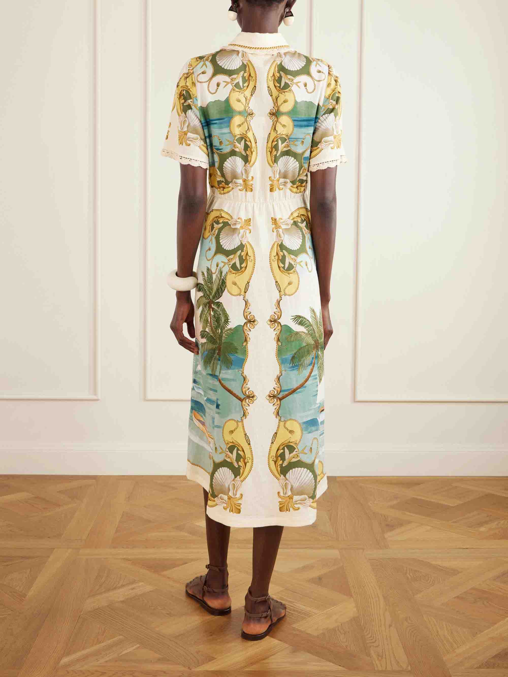 Exquisite Palm & Shell Print Button Front Midi Dress