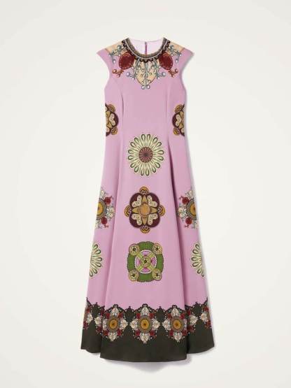 Elegant Printed Round Neck Park Avenue Waist-Defining Maxi Dress