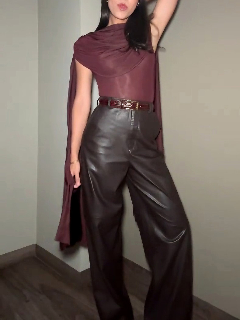 Elegant Draped Top And Wide-leg Faux Leather Pants Two-piece Set