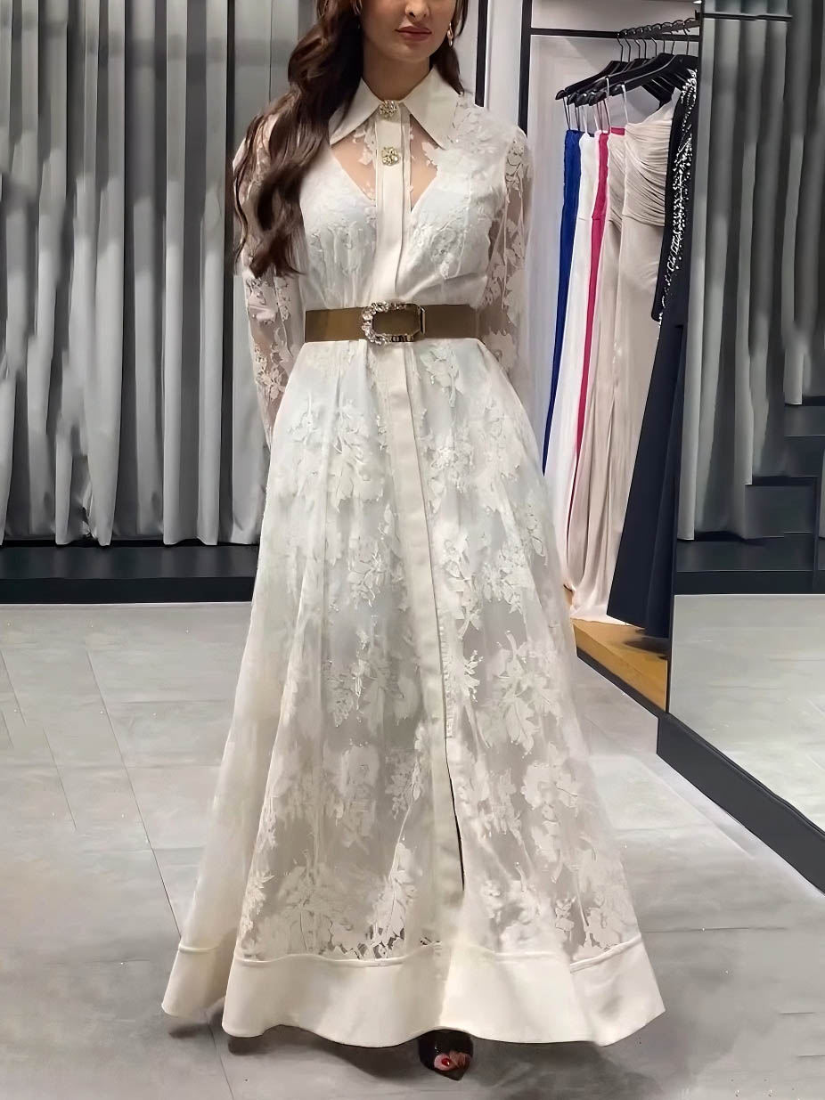 Elegant Floral Lace Long-Sleeved Shirt Maxi Dress