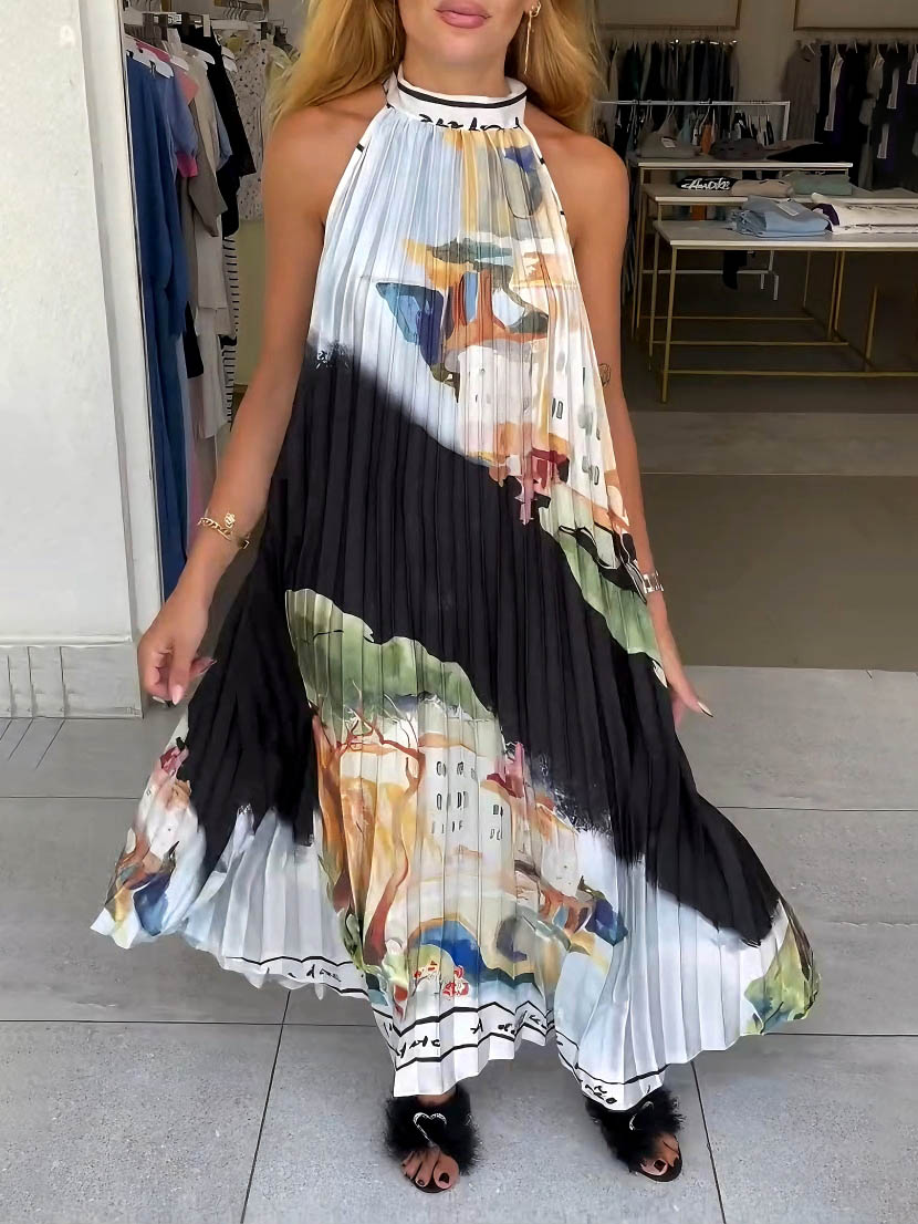 Unique Abstract Landscape Print Pleated Maxi Dress
