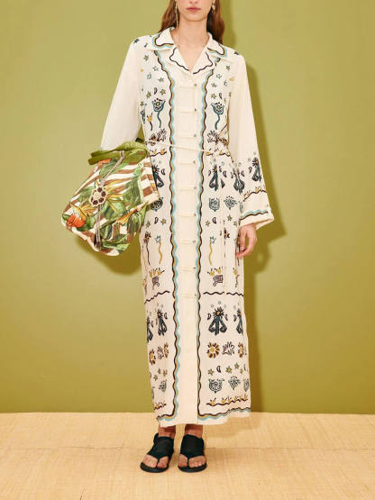 Modern Print Button-Front Tie-Waist Loose Maxi Shirtdress