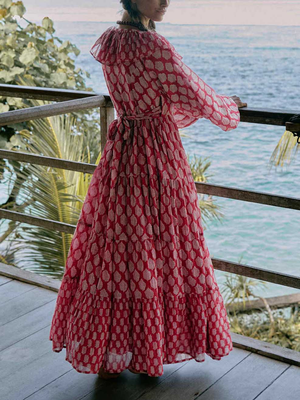 Retro Geometric Print Tiered Bohemian Beach Maxi Dress