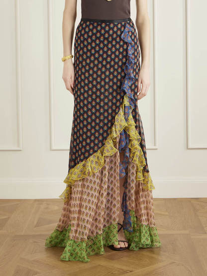 Delicate Ruffled Tiered Printed Chiffon Maxi Skirt