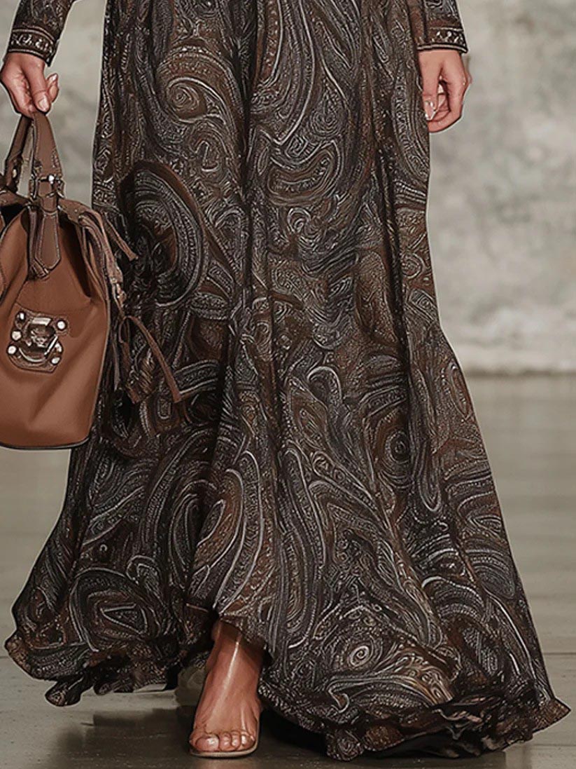 Retro Paisley Print Zipper Maxi Dress