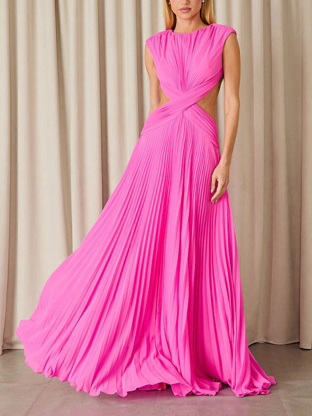Elegant Pleated Cut-Out Waist Maxi Dress