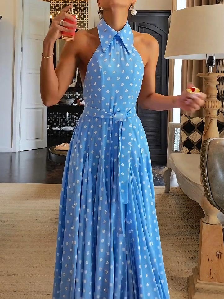 Elegant Polka Dot Print Open Back Puffy Maxi Dress