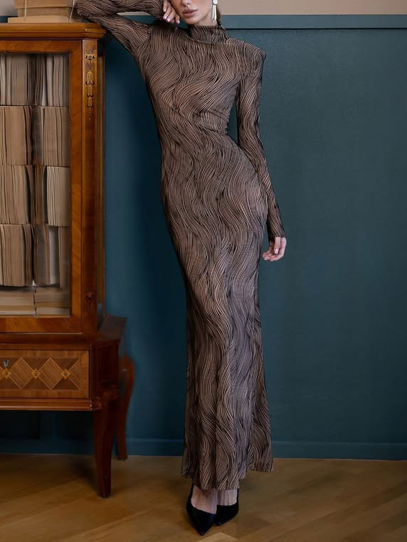 Elegant High-Neck Sheer Wave-Pattern Maxi Dress