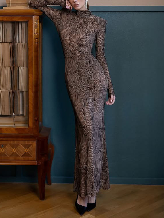 Elegant High-Neck Sheer Wave-Pattern Maxi Dress