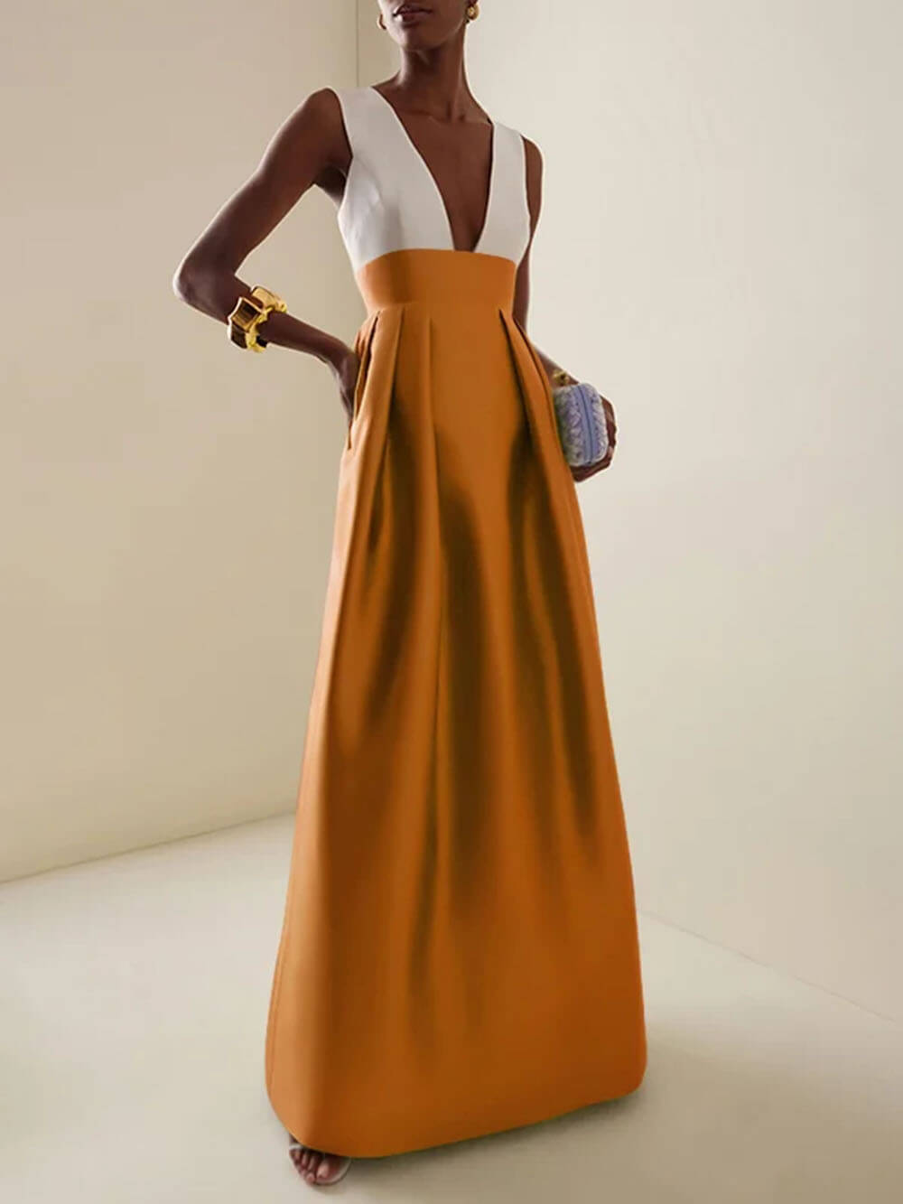 Elegant Deep V-Neck Colorblock Ruched A-Line Maxi Dress