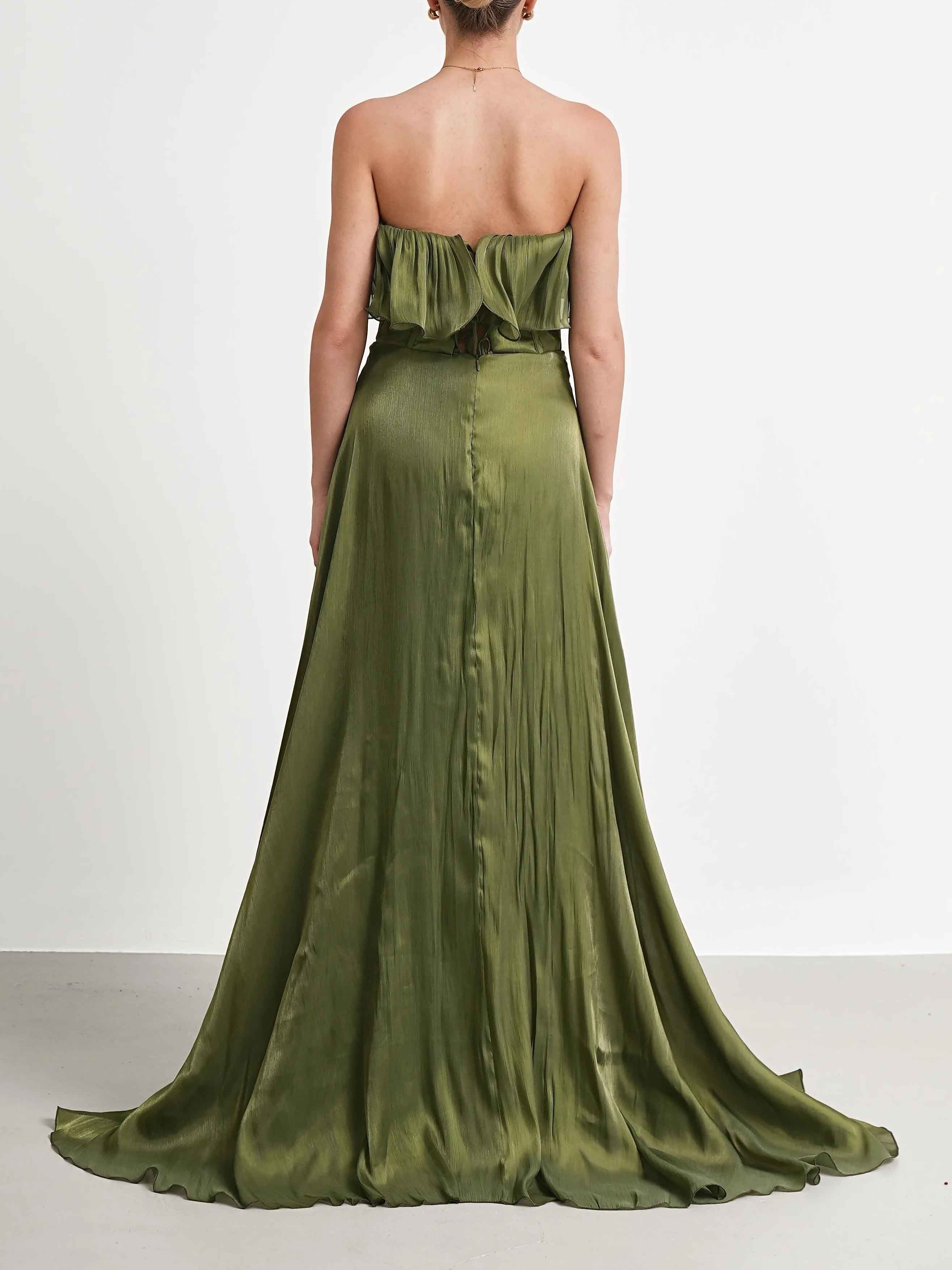 Elegant Strapless Ruffle High Slit Corset Maxi Dress