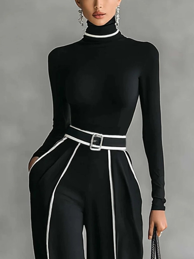 Elegant High Neck Slim Fit Long Sleeve Top Two-Piece Set