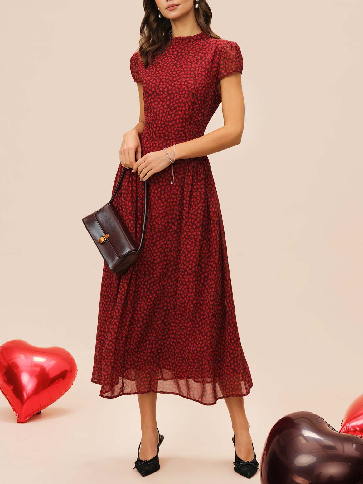 Retro Floral Pleated Flowy Midi Dress