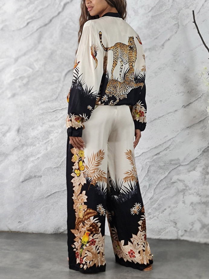 Exotic Jungle Print Zip-Up Shirt & Wide Leg Pants Set