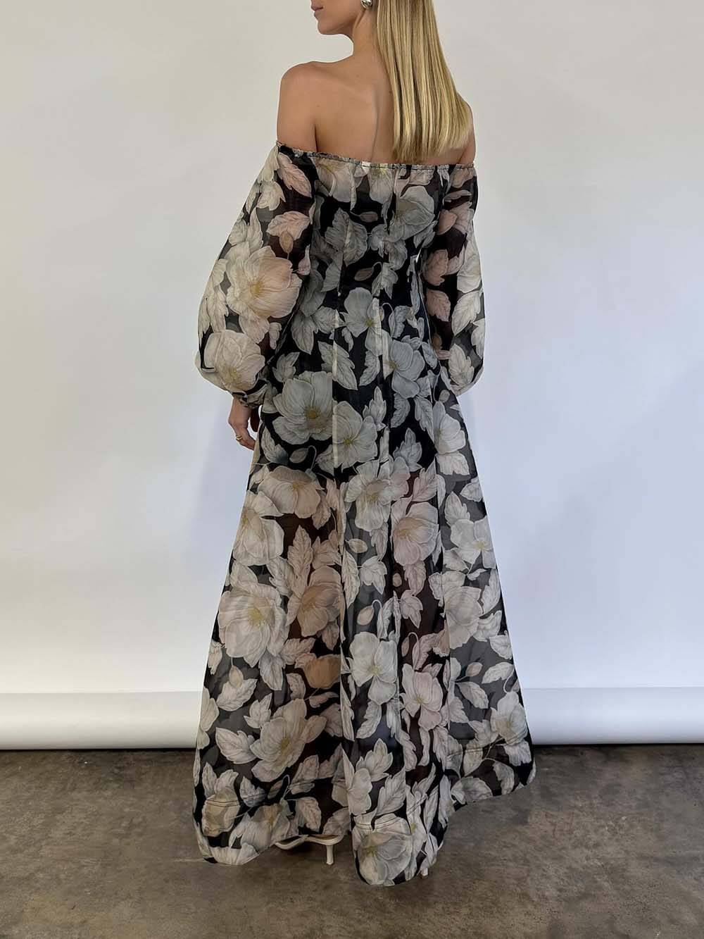 Elegant Off-Shoulder Printed Puff Sleeve Maxi Dress