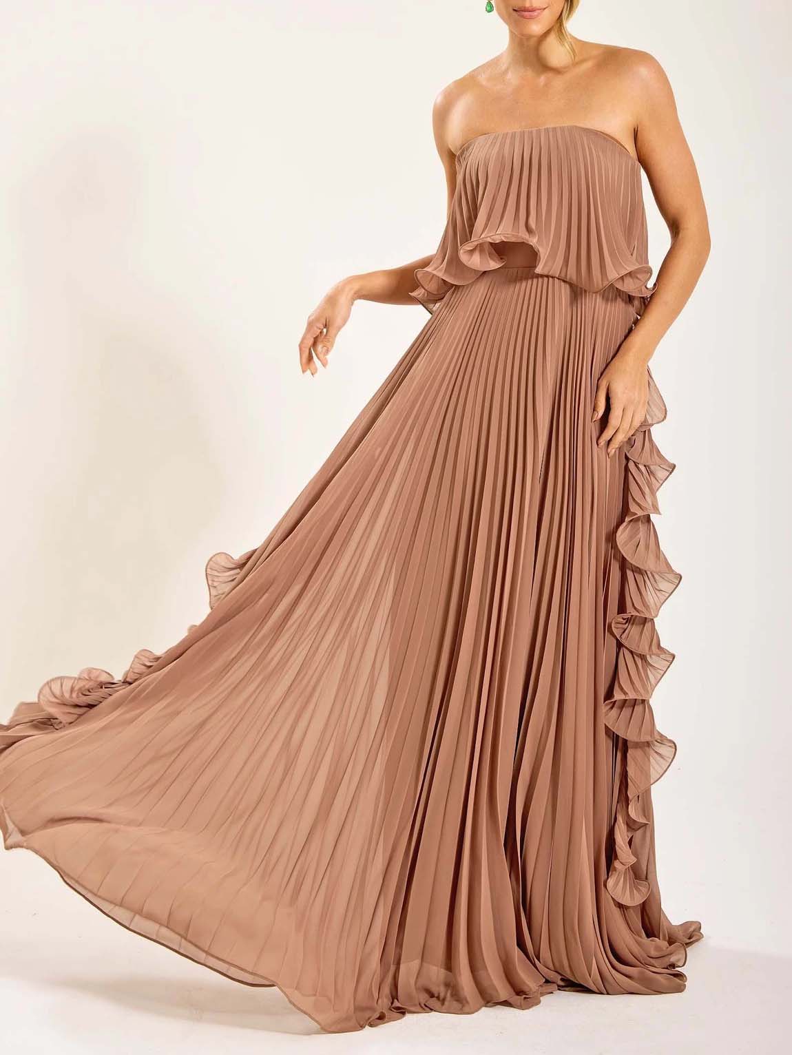 Vestido Maxi de Chifón con Pliegues y Volantes sin Tirantes Elegante