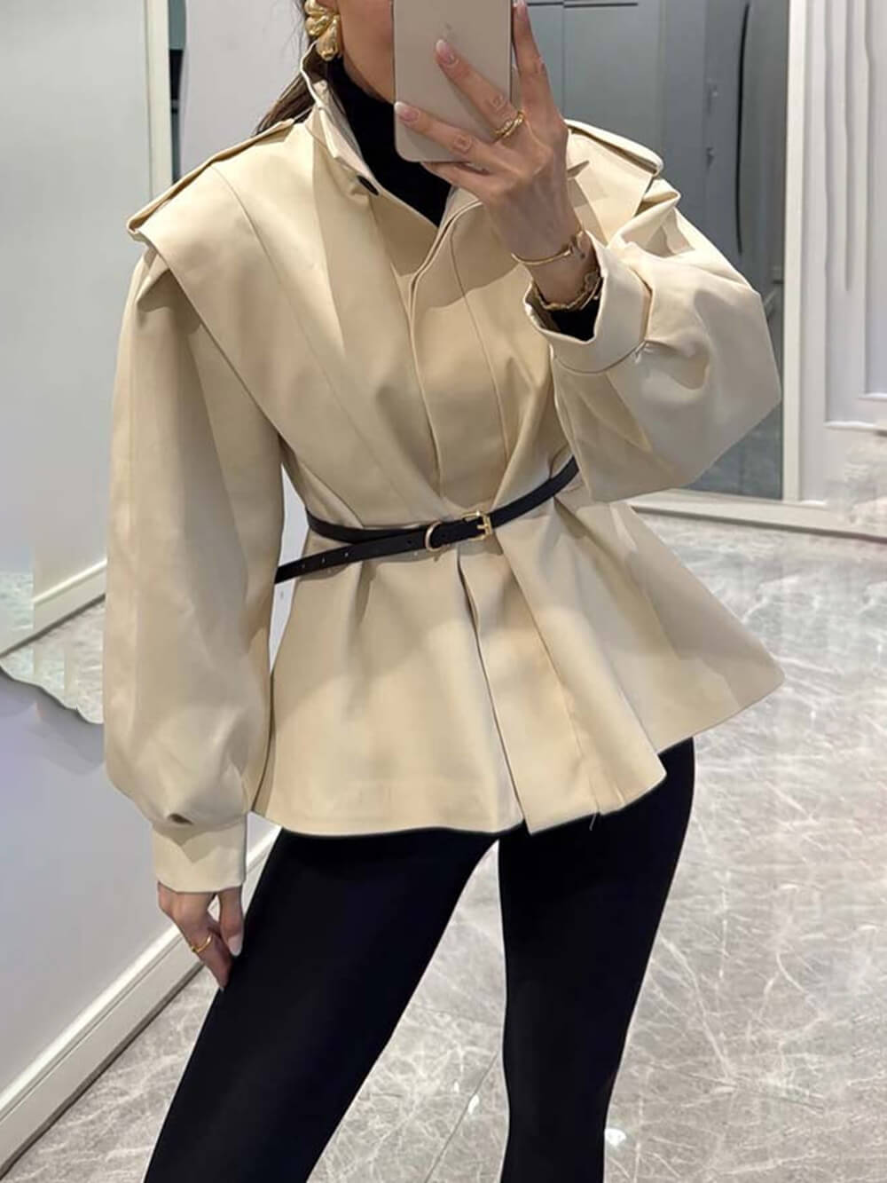 Modern Bold Stand Collar Button-Up Lantern Sleeve Loose Jacket