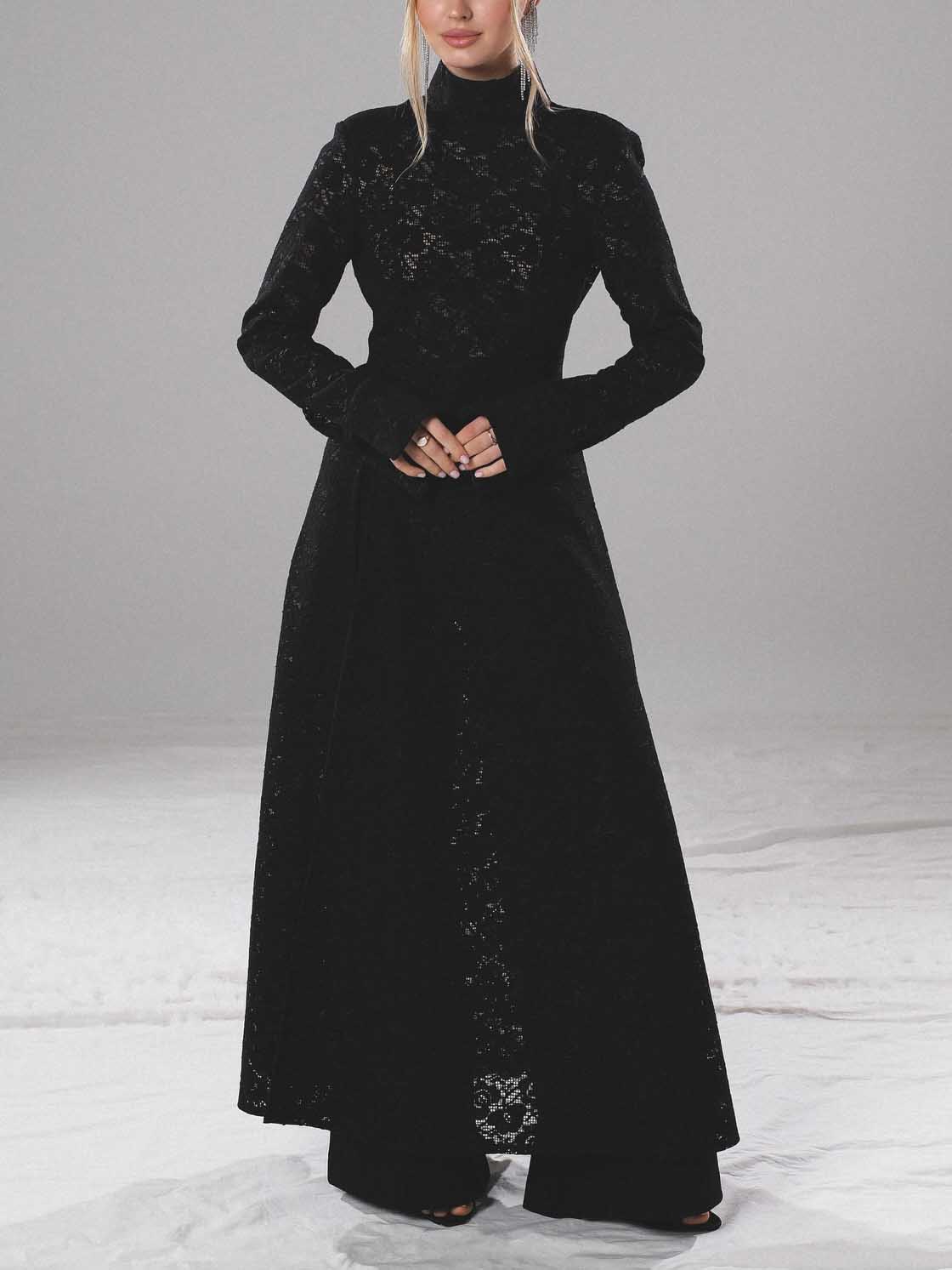 Elegant High-neck Lace Robe & Trousers Two-piece Set