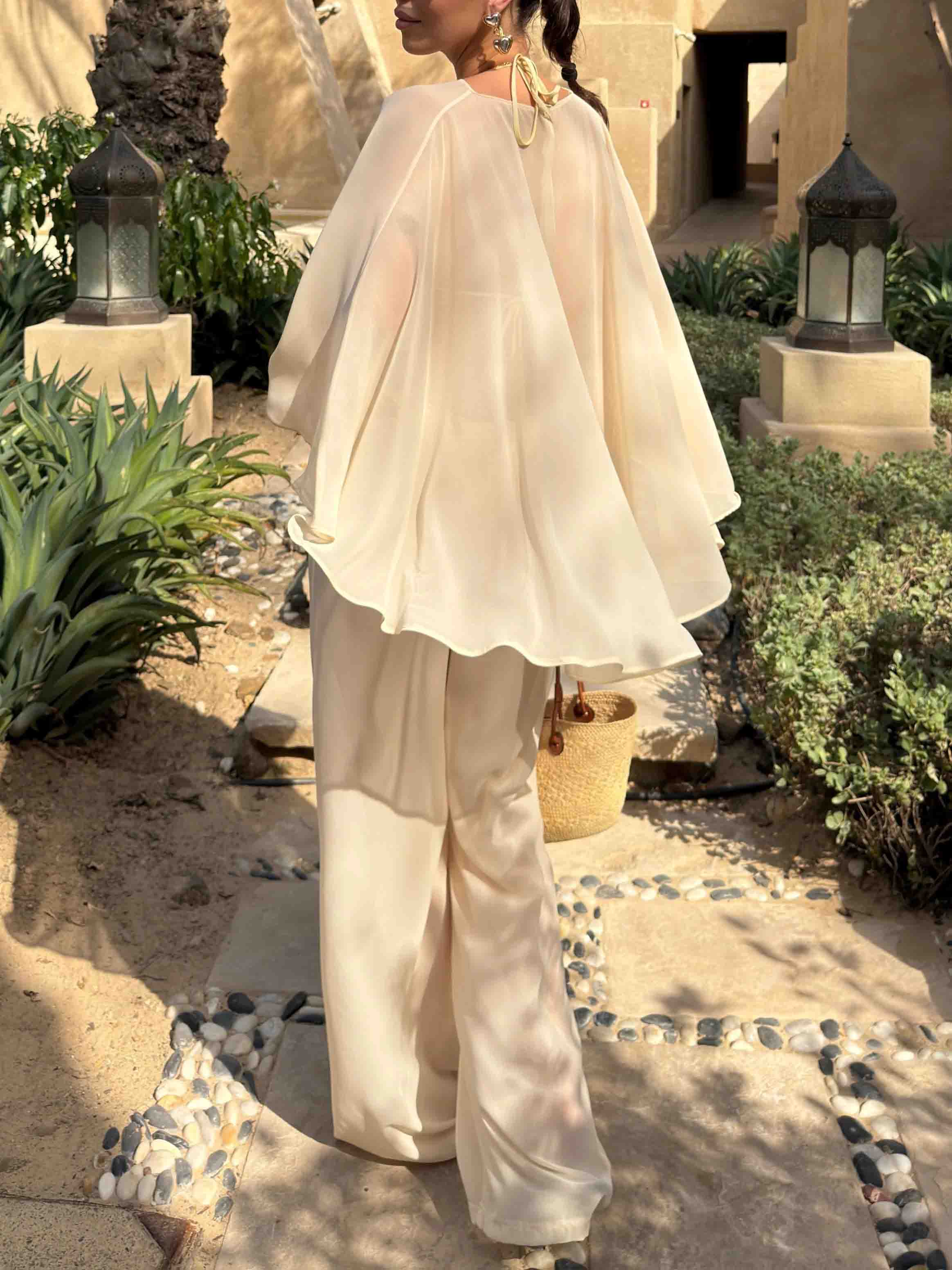 Elegant Sheer Cape Sleeve Crop Top & Wide-Leg Pants Beach Two-Piece Set